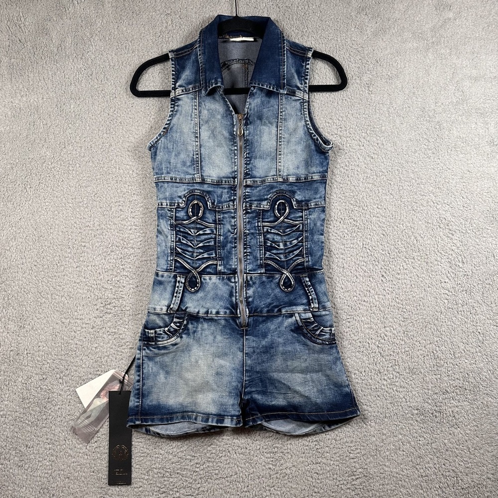 Danesi Denim Romper Women Juniors 9 Blue Zip Front Sleeveless Acid Wash Festival